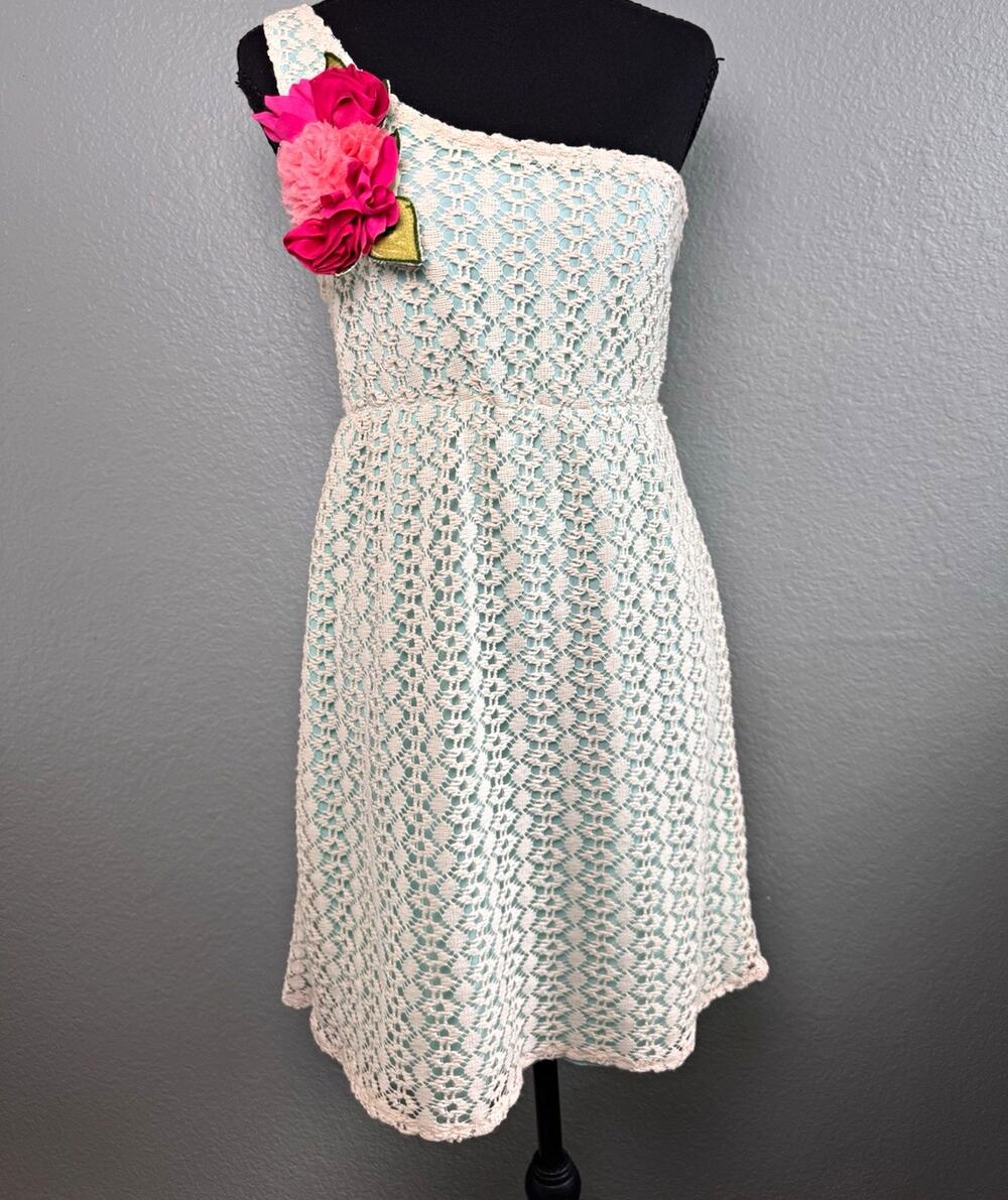Judith March Romantic Floral Crochet One Shoulder Dress Mint Green Coquette M